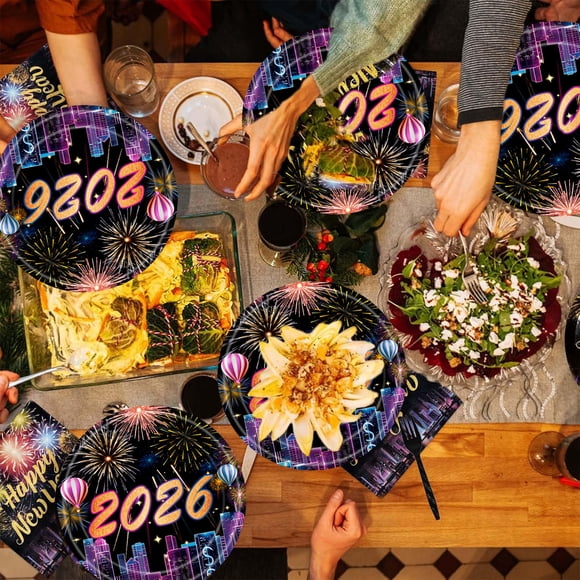 20 Pieces New Year Themed Paper Plates Disposable Party Tableware for Holiday Dinner Celebrations