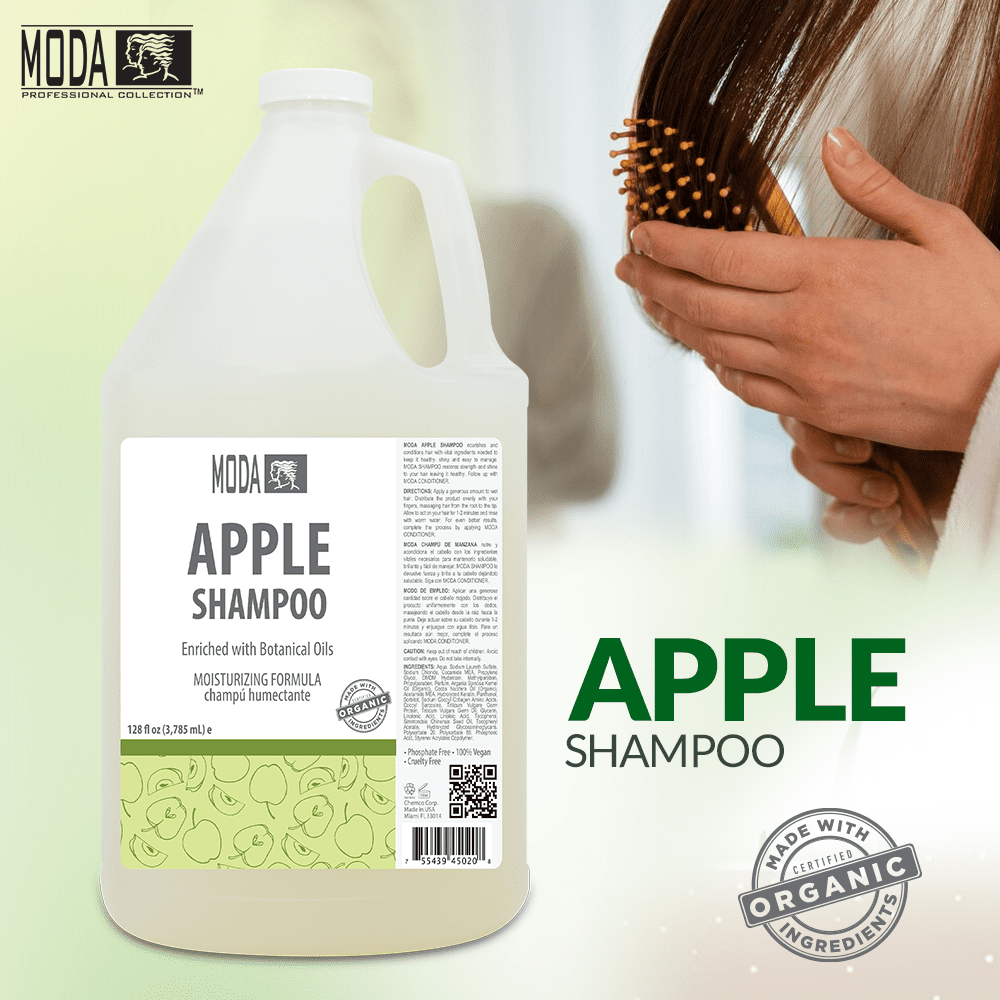 MODA - Moisturizing Shampoo for All Hair Types, Apple, 128 Oz, Professional - Deeply Cleanses and Conditions, Strengthens, Restores and Shine your Hair - With Glycerin, Keratin, Collagen