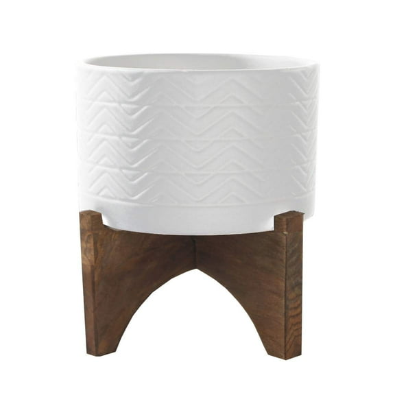 Flora Bunda Mid-Century 5 Inch Wavy Ceramic Planter on Wood Stand,Matte White Wavy 5"