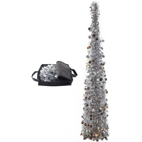 5ft Silver Tinsel Christmas Tree Collapsible Pop Up Christmas Tree with Storage Bag