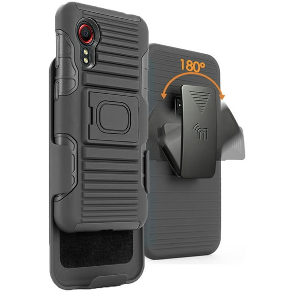 Case with Clip for Galaxy XCover 5, Nakedcellphone Black Rugged Cover [with Finger Grip Stand]   [Built-In Mounting Plate]   [Belt Hip Holster] for Samsung Galaxy XCover 5 Phone (SM-G525)