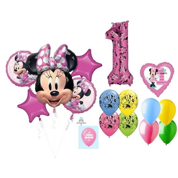 DalvayDelights Minnie Mouse 1st #1 First Birthday Forever 16 Piece Mylar & Latex Balloons Bouquet Set New!