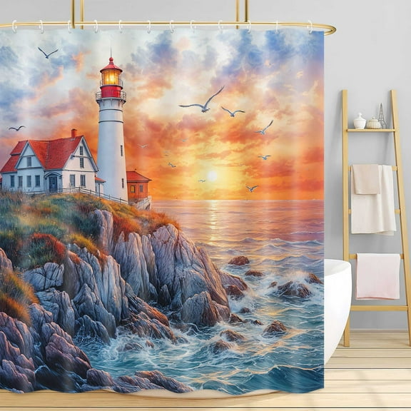 Coastal Nautical Lighthouse Shower Curtain, Sunset Coastal Ocean Sailboat Beach Seasides Shower Curtain, Blue Sky Polyester Fabric Waterproof Bathroom Decor with Plastic Hooks, 72X72in