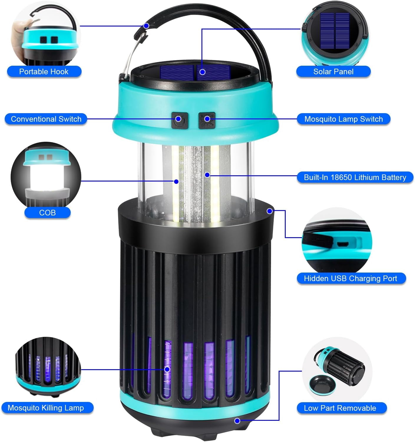 JahyShow 3 in 1 Bug Zapper, Rechargeable Bug Zapper Outdoor Indoor Fly Trap Waterproof, Mosquito Zapper with Emergency Light for Home, Solar Bug Zapper Outdoor for Home, Backyard, Camping