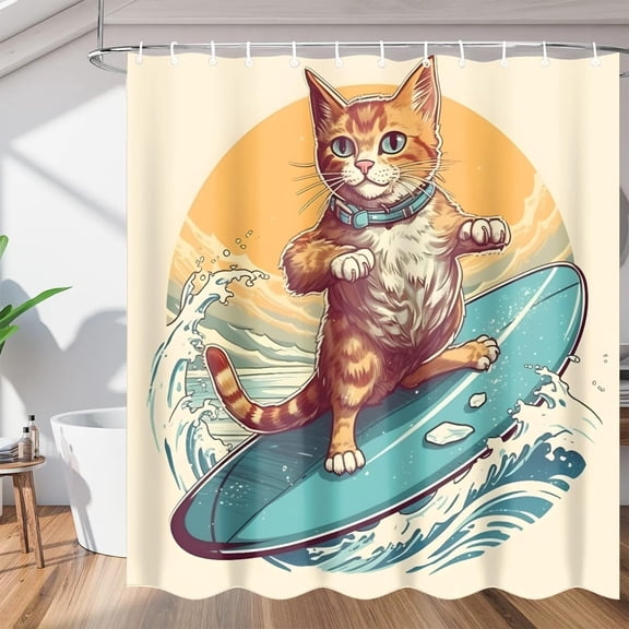 Funny Cat Surfing Shower Curtain, Waterproof Fabric Shower Curtain, Washable Polyester Bath Curtain for Bathroom Decor 36"W X 72"H