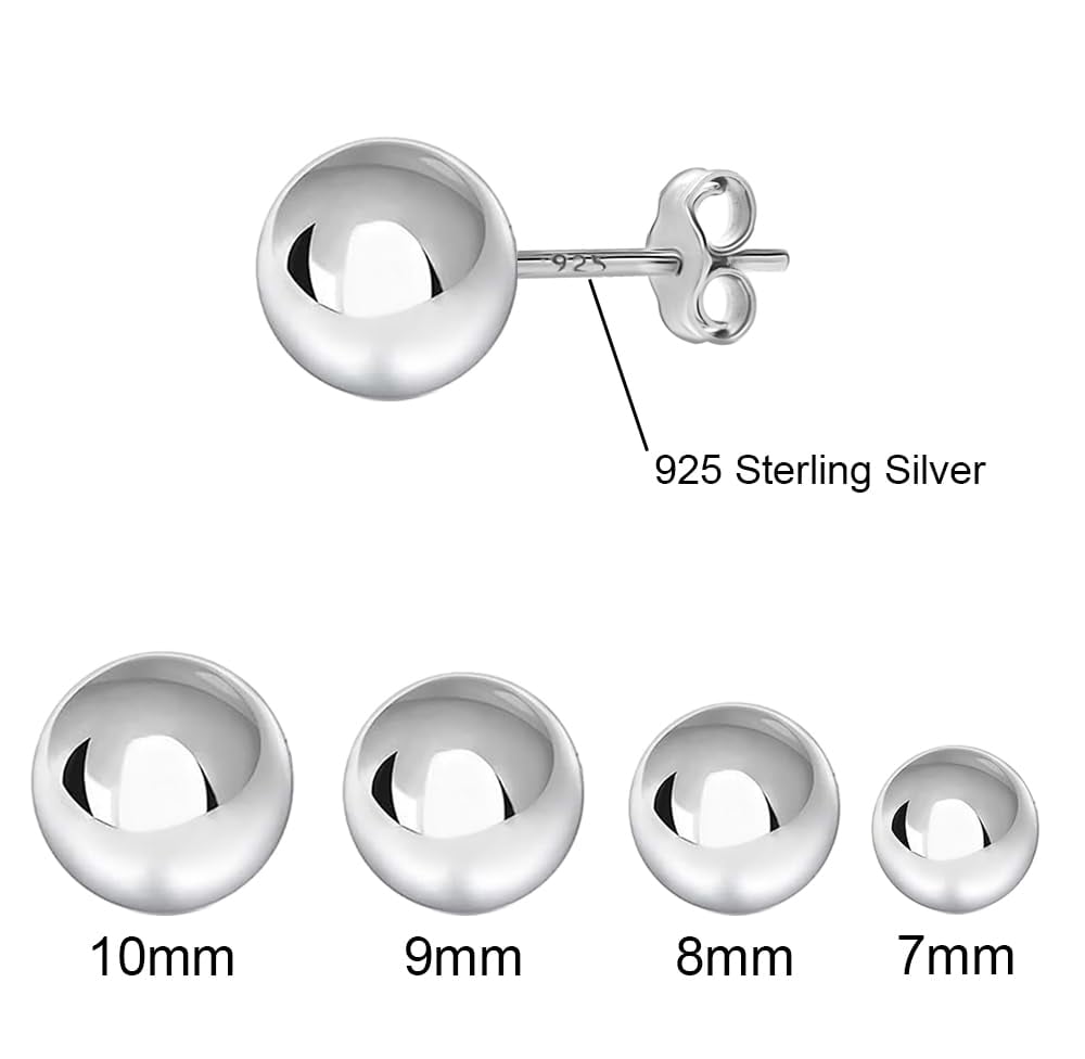 LeCalla 925 Sterling Silver Anti-Tarnish Round Ball Stud Earrings for Women and Teens, 10MM