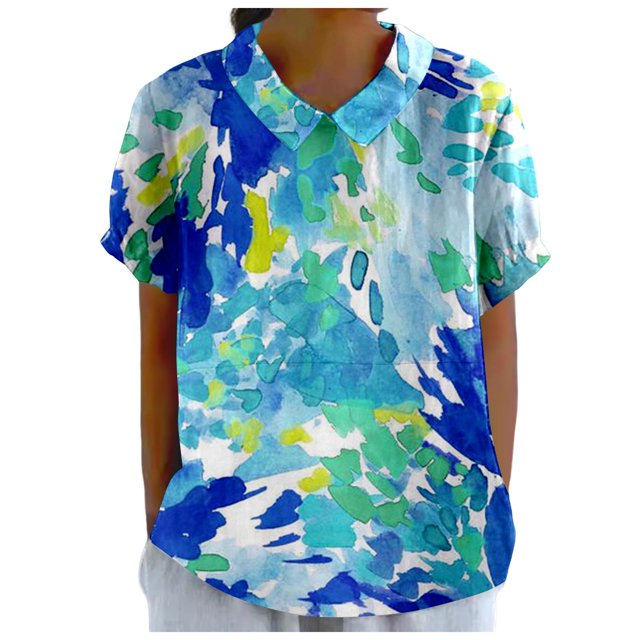 TSADFHJI T-Shirts Grande Taille pour Femmes, Mode Rétro Colorée, Col Rabattu, Manches Courtes, Bleu