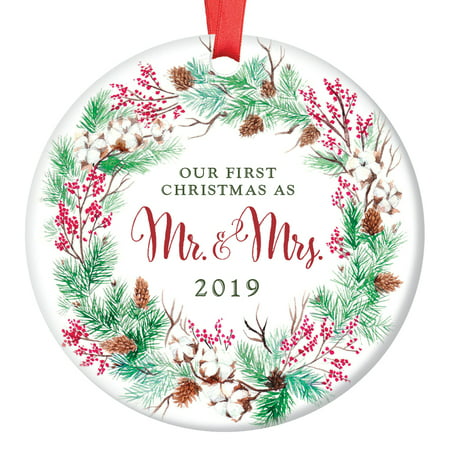 Our First Christmas as Mr & Mrs Ornament 2019, Wreath 1st Married Christmas Ornament First Married Christmas, 3