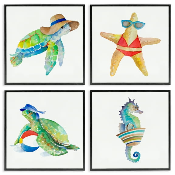 Stupell Industries Summer Beach Creatures Nautical & Beach Painting Black Framed Art Print Wall Art, 12 x 12, Set of 4