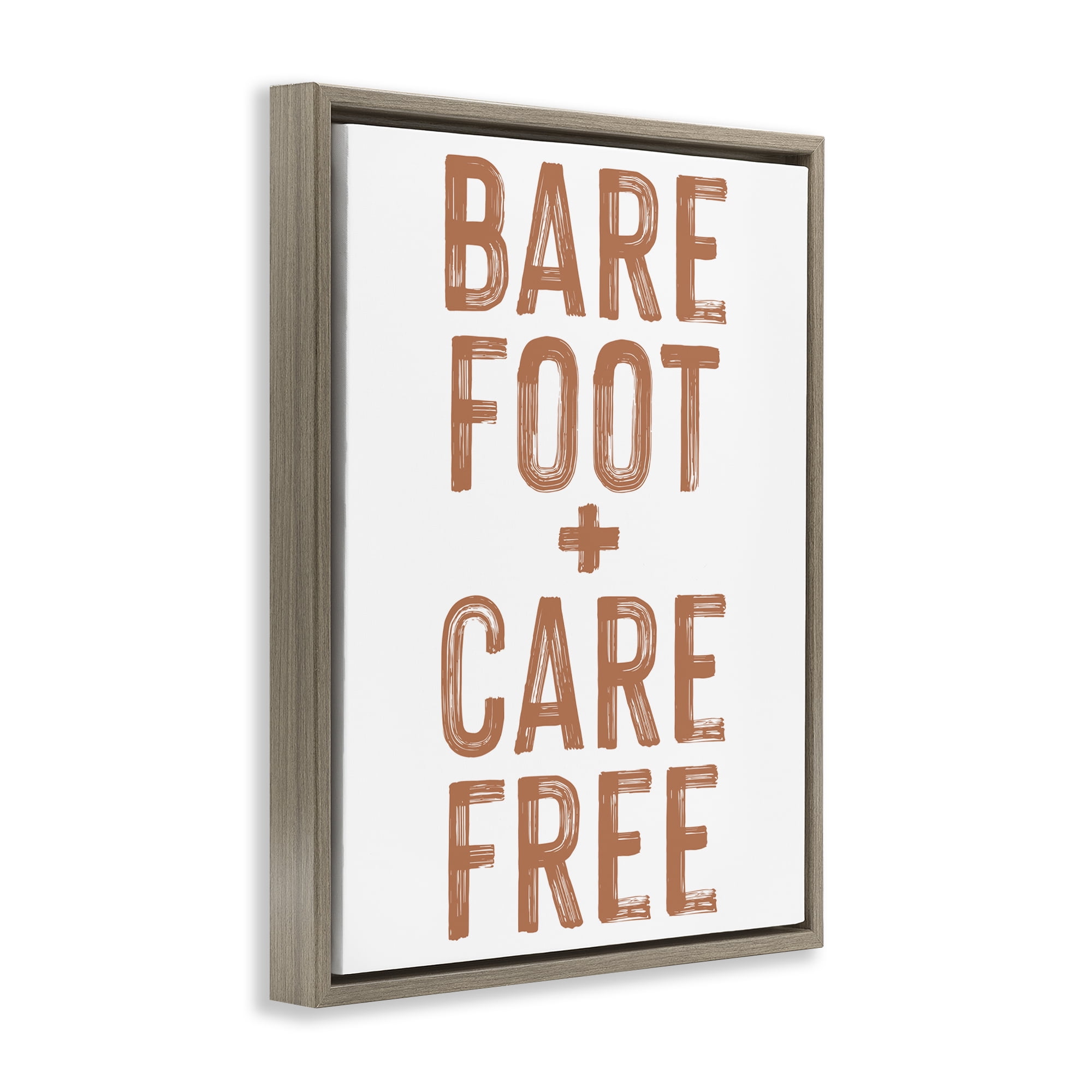 Barefoot Carefree Summer Sentiment Brown Framed Floater Canvas Wall Art, design by Lettered and Lined