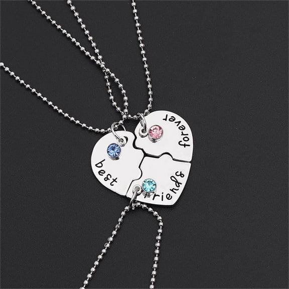 3-Piece Puzzle Heart Friendship Necklaces - Best Friends Forever Letter Pendant Set with Colored Rhinestones, Detachable BFF Clavicle Chain for Women, Ideal Birthday Gift for Besties Silver