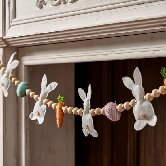 LAMIRO Easter Bunny Carrot Garland Spring Easter Decoration Wooden Beads Banner Wall Hanging Easter Party Decor Gift
