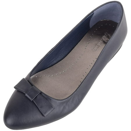 Womens Genuine Leather Slip On Formal Smart Work School Suit Ballerina Style Dolly Shoes - Navy - US 9