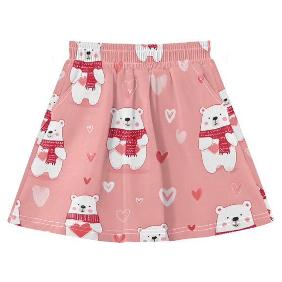 White Bear Scarf Pattern Print Cotton Skirt Built-in Liner Elastic A-Line Flared Skirt with Pockets