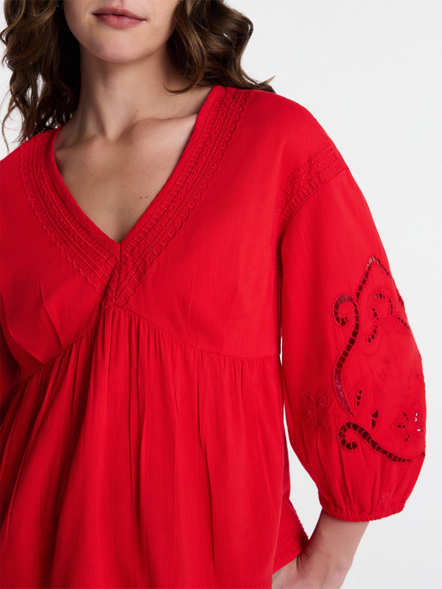 Time and Tru Women's Long Sleeve Poet Sleeve Broderie Anglaise Top, Sizes XS-XXXL