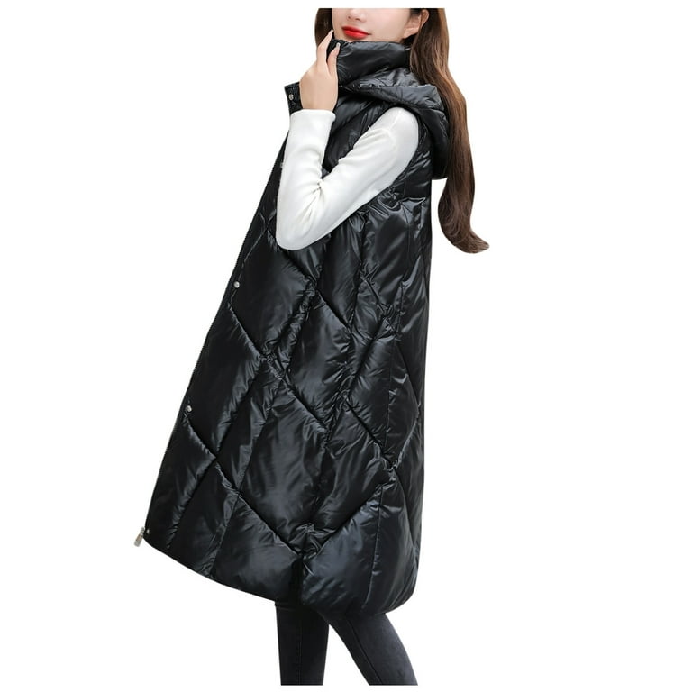 TOWED22 Women Long Quilted Vest Hooded Maxi Length Sleeveless Puffer Vest  Vest with Pockets Zip-Up Padded Coat(Coffee,XXL)