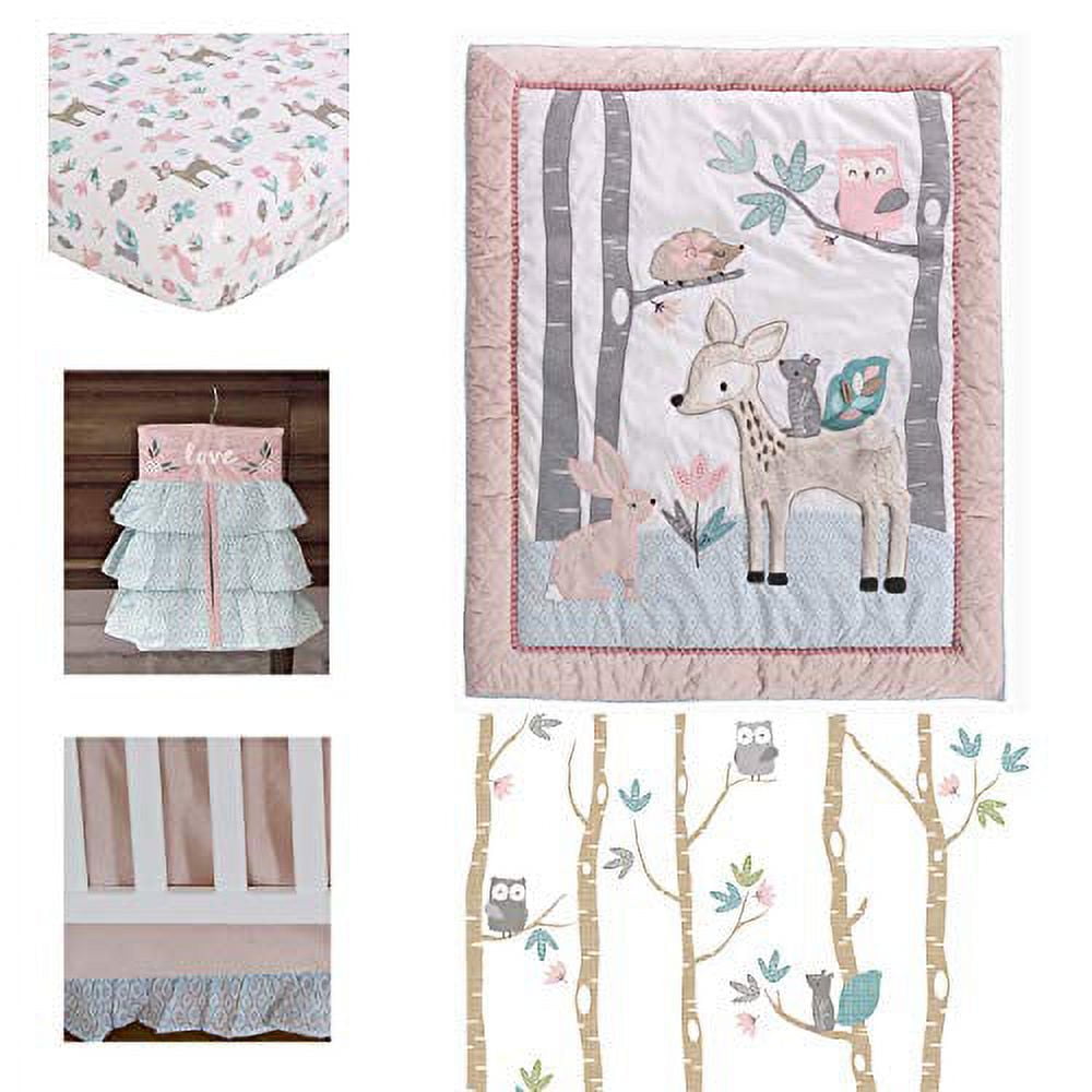 Levtex Baby - Everly Crib Bed Set - Baby Nursery Set - Aqua Blush Grey Teal - Woodland Deer and Friends - 5 Piece Set Includes Quilt, Fitted Sheet, Diaper Stacker, Wall Decal & Bed Skirt/Dust Ruffle