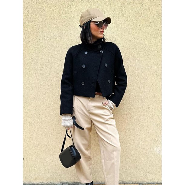 Abrigos recortados de mezcla de lana negra para mujer, Chaqueta corta con solapa y bolsillo de doble botonadura, ropa de calle para oficina, Otoño, 2024