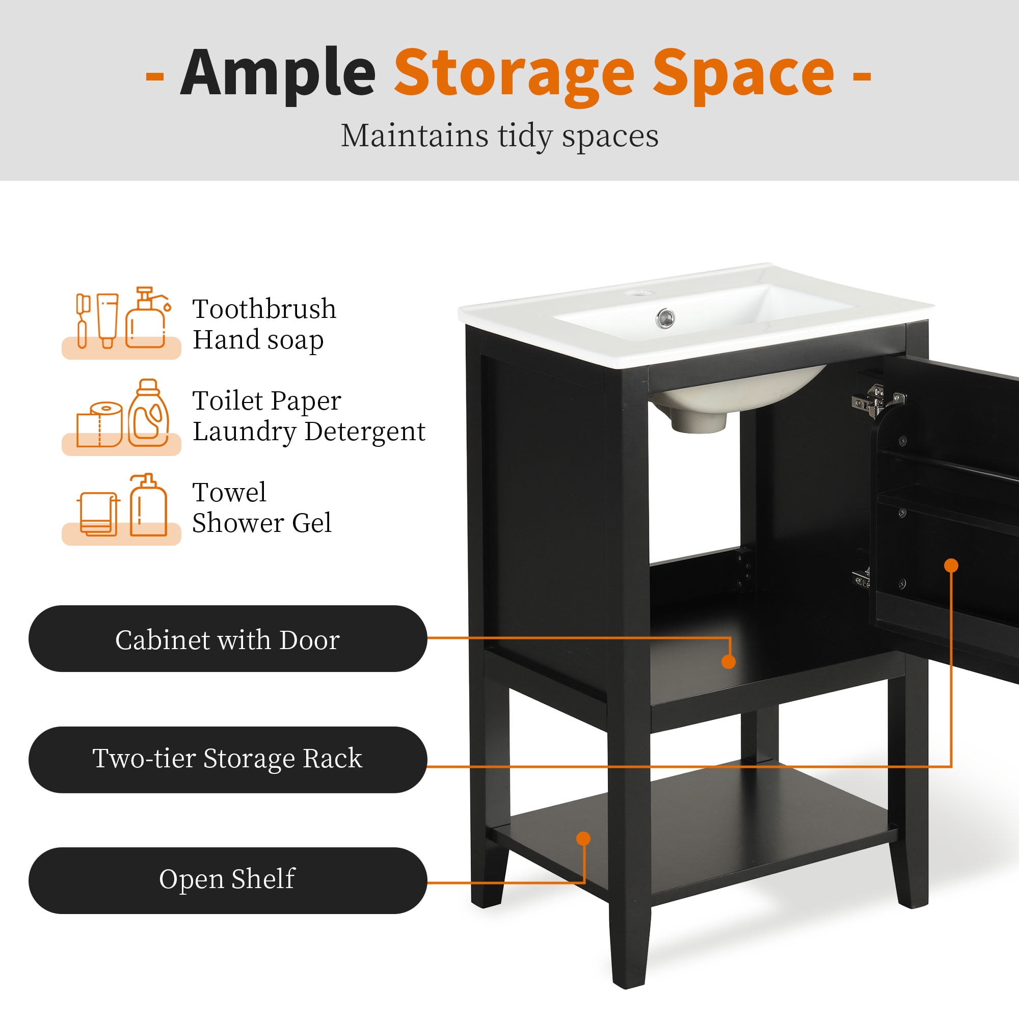Euroco 20" Bathroom Vanity with Sink, Bathroom Cabinet with Soft Closing Door, Storage Rack and Open Shelf, Black
