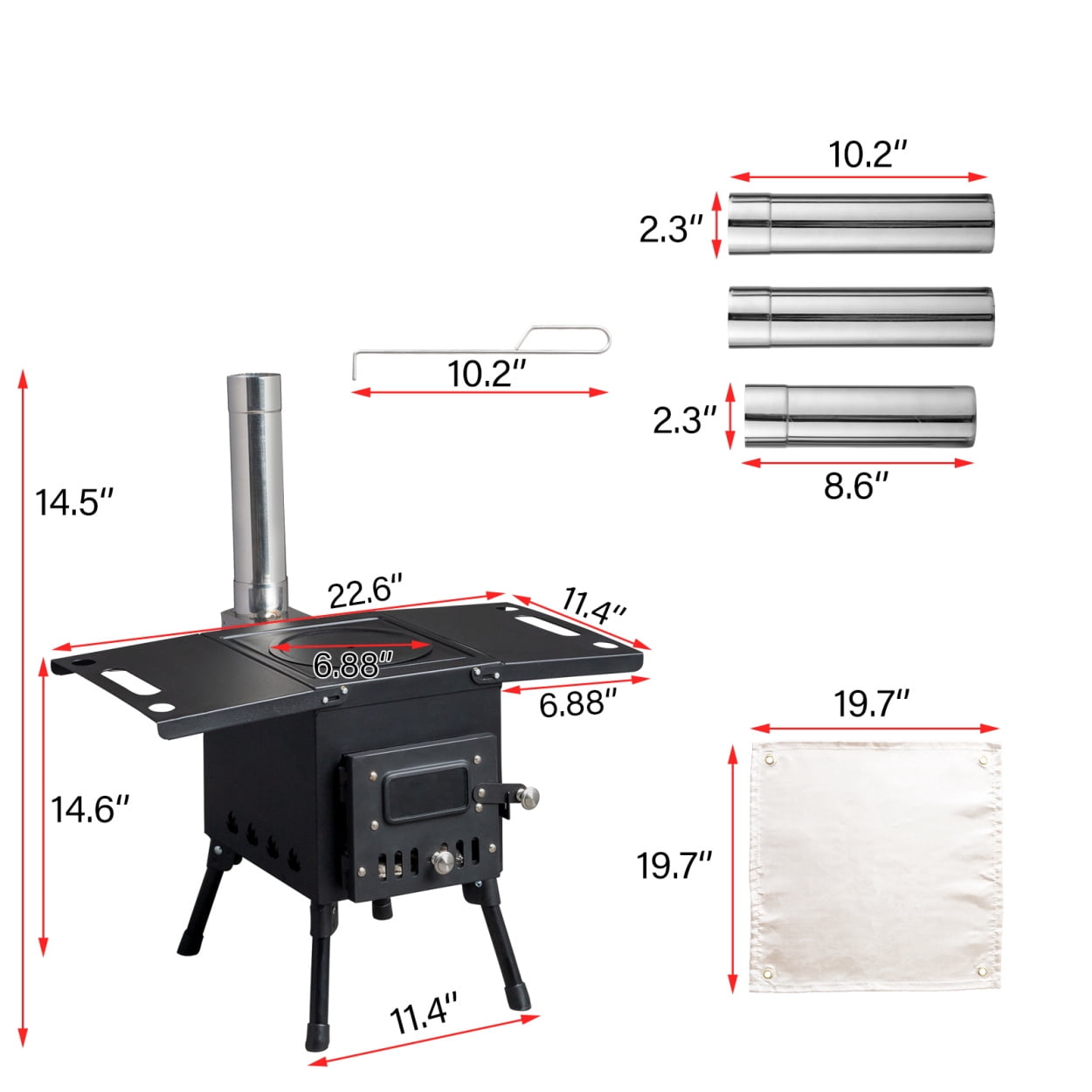 22.56*12.2*14.56 Outdoor Camping Stove, Heavy Duty Iron Outdoor Single Burner Stove with Iron Panel & Chimney & Firewood Hook & Fire Blanket, Portable Cooking Burner for Camping Cookout, Black