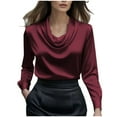 thumbnail image 2 of Aueoeo Womens Satin Blouse Cowl Neck Silk Long Sleeve Dressy Tops Fall Trendy Fashion Business Casual Outfit, 2 of 8