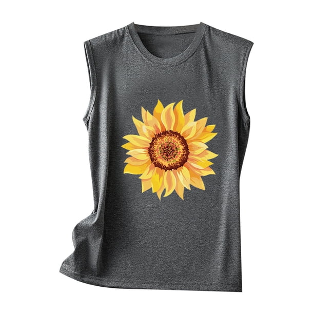 Tops sin mangas con estampado de girasol y cuello redondo a la moda para mujer Fridja qr3177