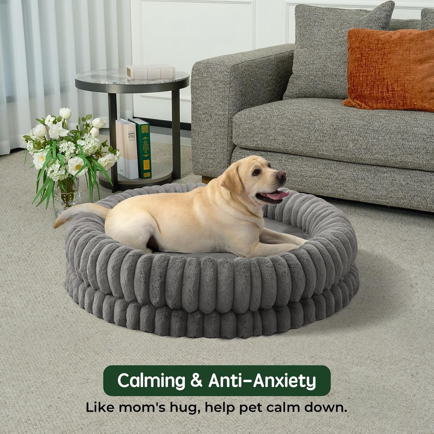 Luxury Donut Dog Bed, 43 Inches Round Dog Beds Large Sized Dogs Washable, Orthopedic Calming Dogs Bed for Pets with Anti-Slip Bottom, Gray