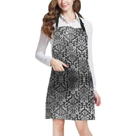 

ASHLEIGH Silver Metal Plate Damask Classic Ornament Kitchen Apron Mens and Womens Bib Apron Adjustable with Pockets for Cooking Baking Gardening