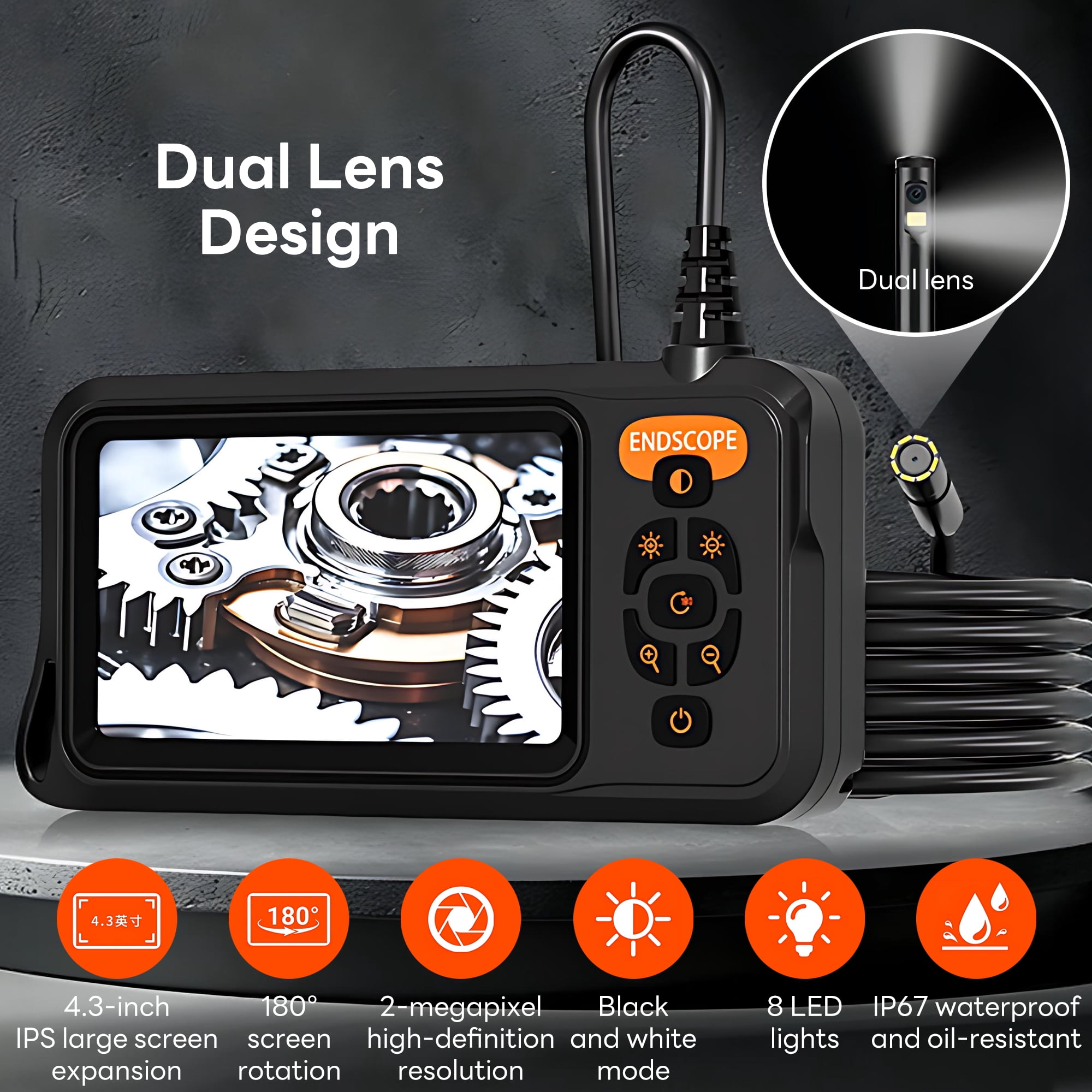 Pecham HD 1080P Dual Lens Endoscope Camera with Light, 4.3" LCD Screen Borescope Inspection Camera with IP67 Waterproof, 32ft Industrial Borescope for Automotive, Plumbing, Sewer