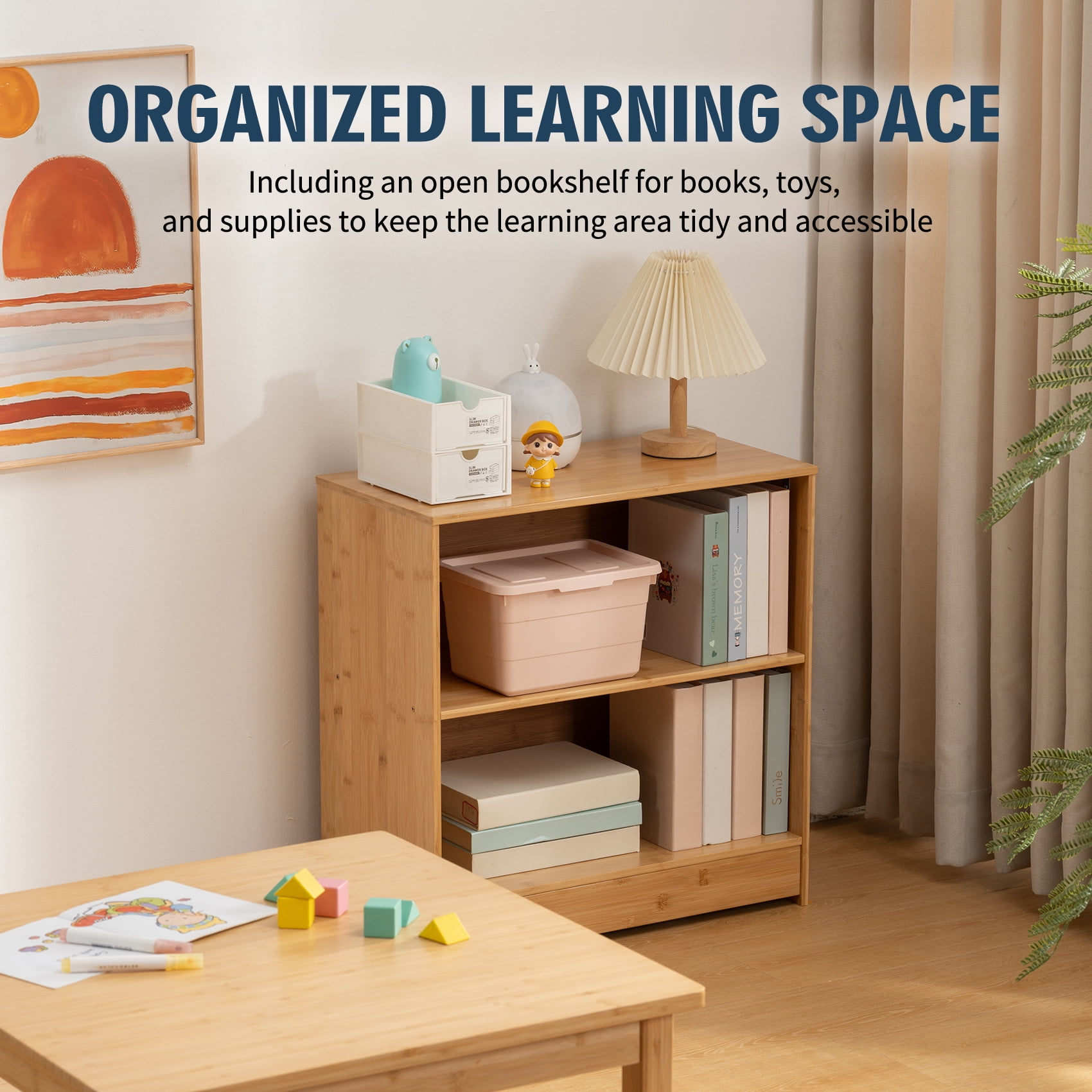UNICOO® All-in-1 Kids Wooden Activity Table Combo Set with 1 Bookshelf & 2 Chairs – Kids Table and Chairs for Arts, Crafts, Reading & Snack – Toddler Small Desk 4-Piece Set for Playrooms & Classrooms