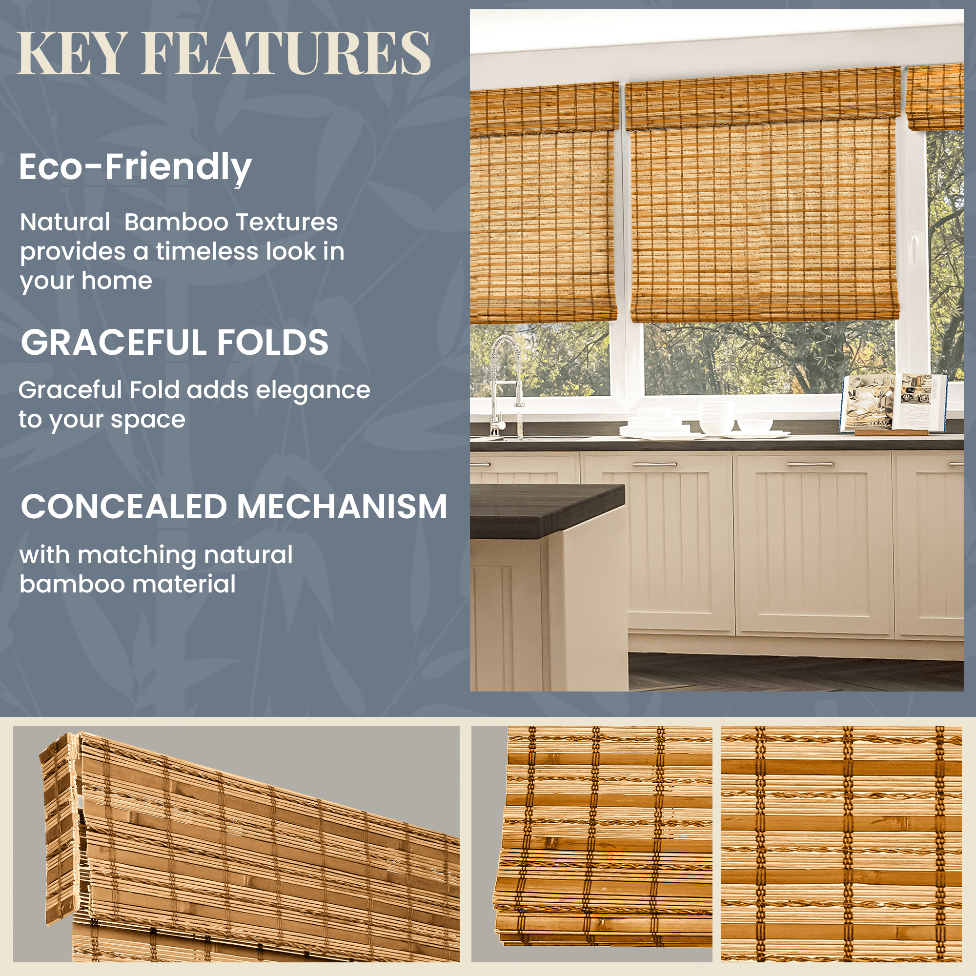 Natural Woven Light Filtering Cordless Bamboo Roman Shades for Windows, 43 in. W x 60 in. L, Honey Wheat
