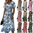 thumbnail image 4 of Minjewel Ladies Floral Casual Fashionable Short Sleeve V-Neck Dress for Spring Summer Women's Daily Casual Wear,Saffron,2XL, 4 of 6