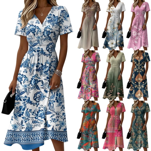Women's V Neck Short Sleeve Dress Floral Print A Line Midi Casual Summer Outfit Flowy Lightweight Party Wear Vacation Boho Chic Paisley Abstract Dark Green L