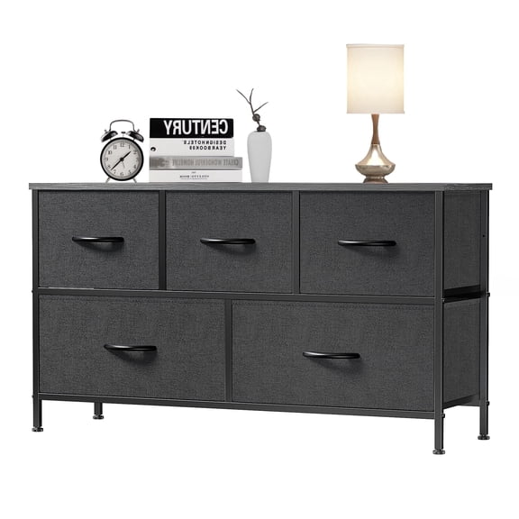 EDX 5 Drawer Dresser, Wide Chest of Drawers Nightstand Storage Tower Storage Fabric Dresser with Wood Top for Living Room, Bedroom, Hallway,Black
