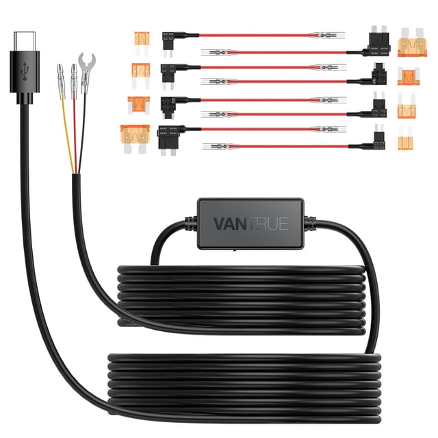 Vantrue Kit de cableado duro para cámara de salpicadero USB tipo C de 11,5 pies, 12 V, 24 V a 5 V, con fusibles de circuito adicionales, protección de bajo voltaje para N4, N4 Pro, N5, N2X, E360/ACE,