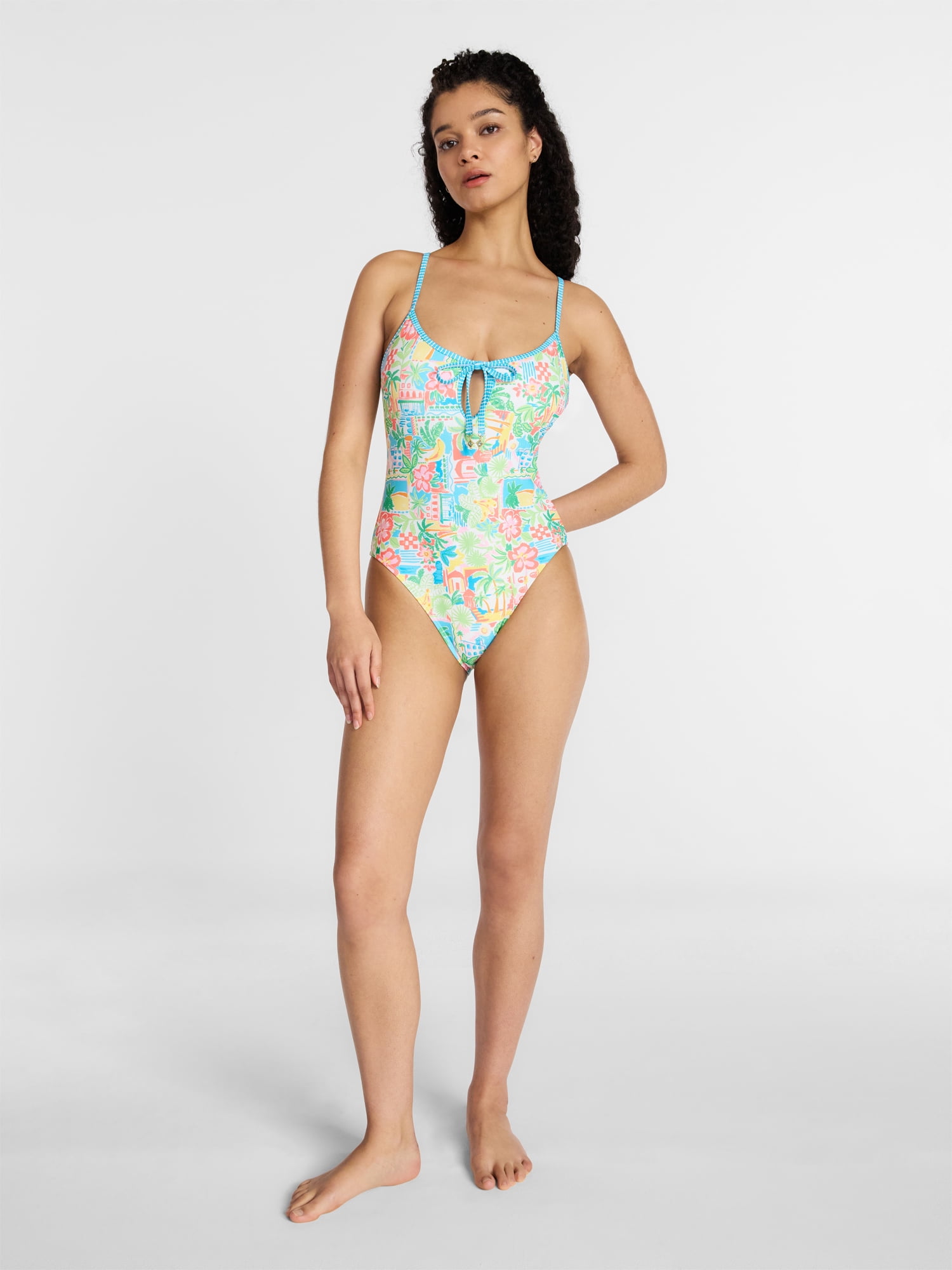 No Boundaries Scoop Neck One Piece Swimsuit with Keyhole, Women's XXS-XXL
