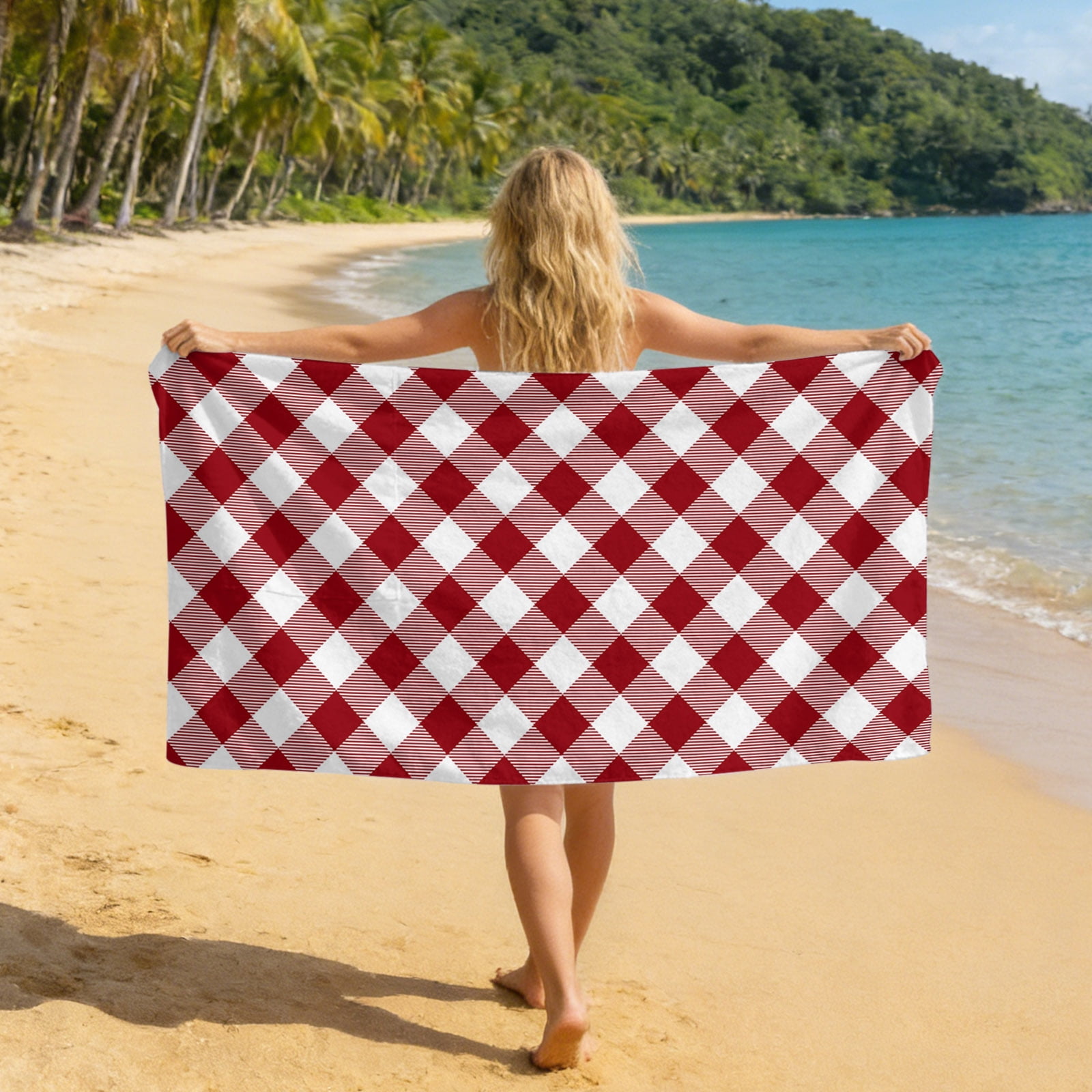 Beach Towel Bag 2 in 1 Dark Red Buffalo Check Plaid Bath Pool Towels Backpack Farmhouse Style Absorbent Beach Towel Soft Quick Dry Lightweight Towels Drawstring Bag for Travel Camping Sports Picnic