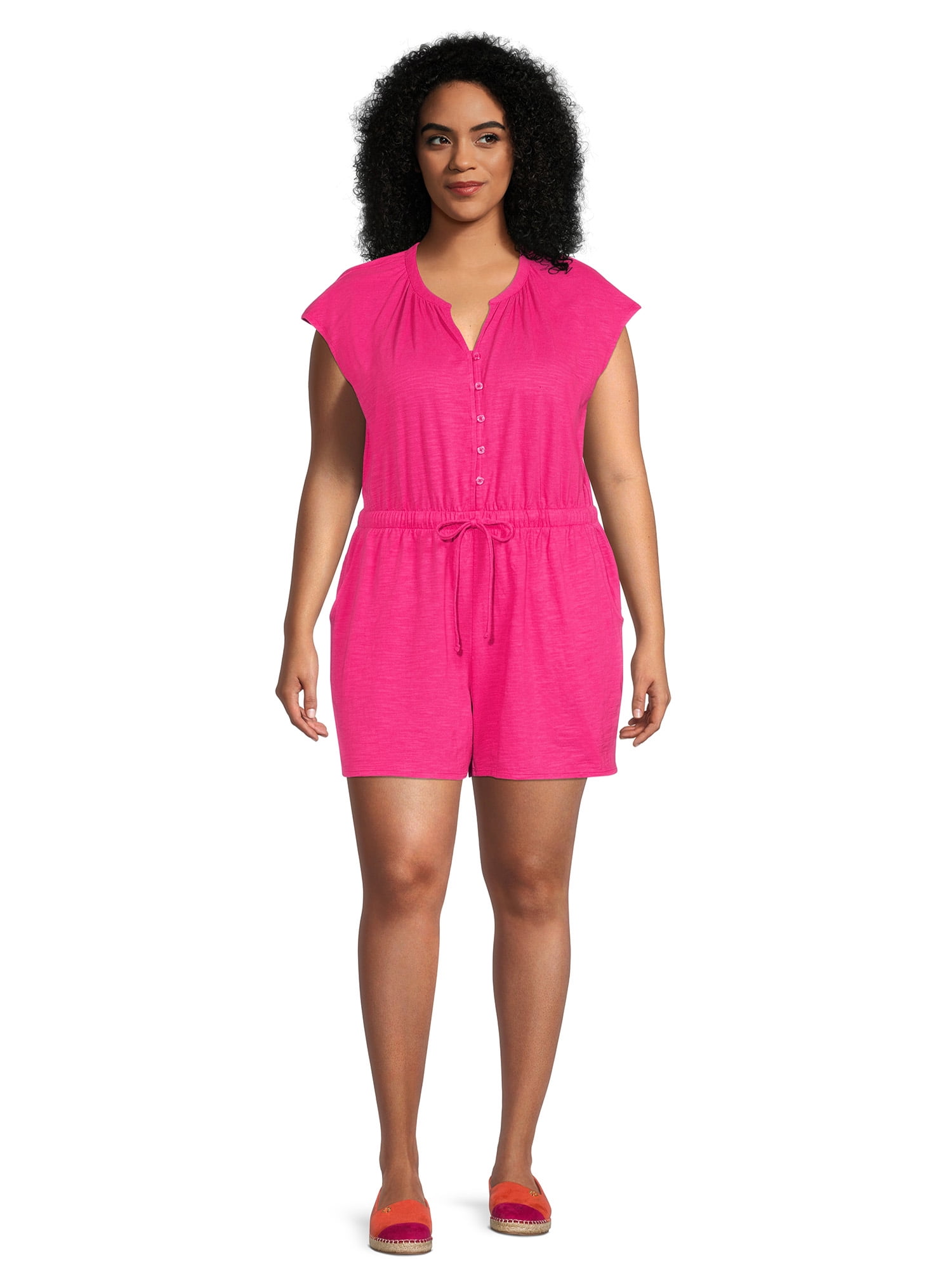 Terra & Sky Women's Plus Size Button-Front Knit Romper, 5" Inseam