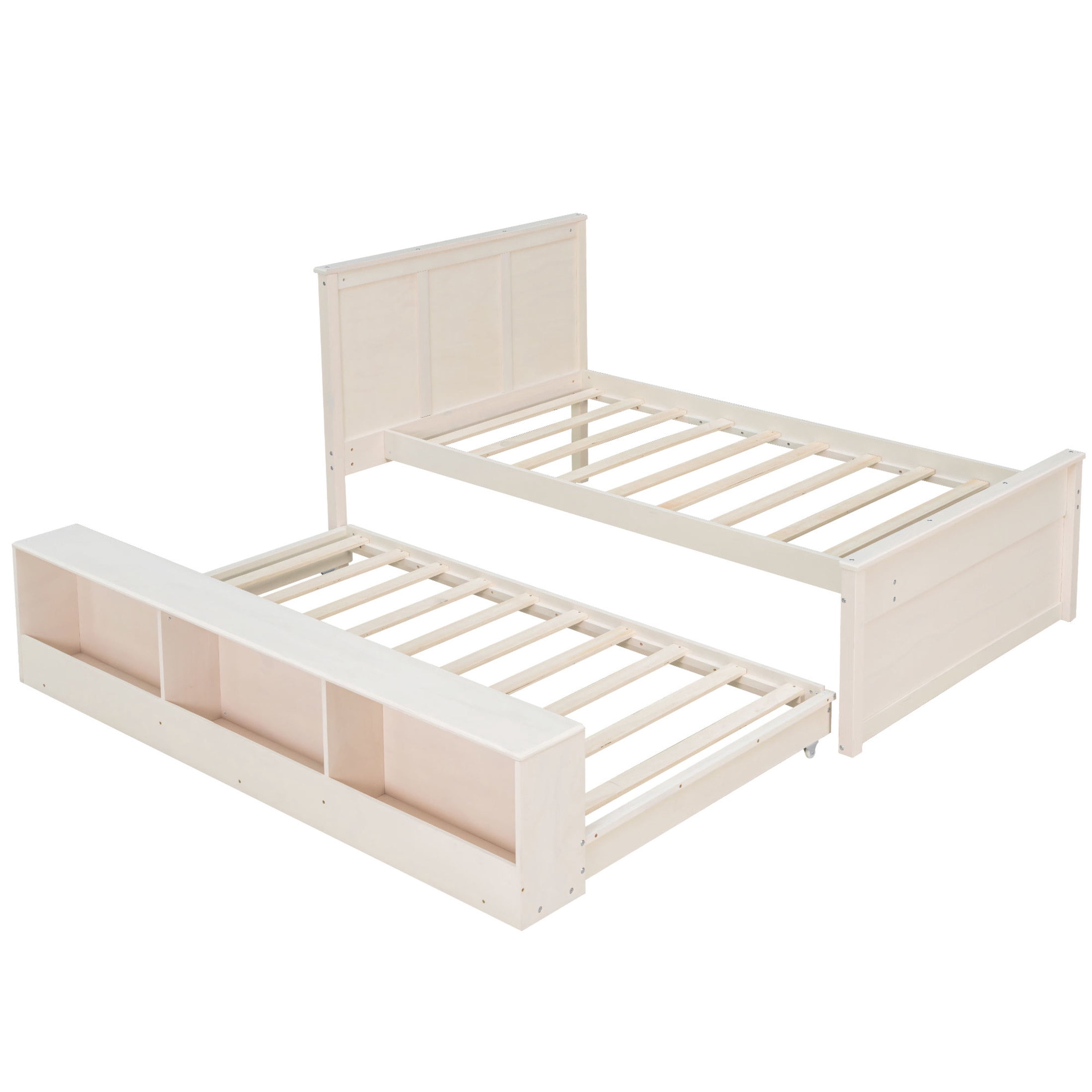 Noble House Brevon Twin Size Extendable Platform Bed with Built-in Storage Cabinet, Pine Wood Frame, Cream White