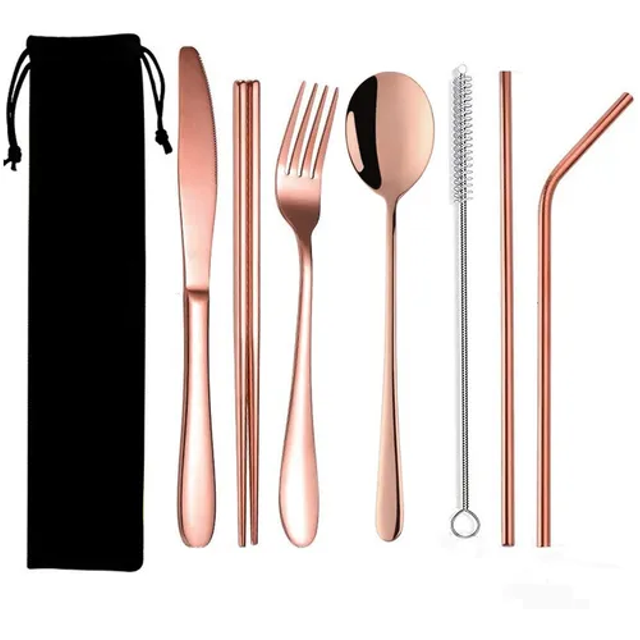 Set Cubiertos Portátiles Malubero Acero Inoxidable 7pz Con Bolsa Rosa Malu1110