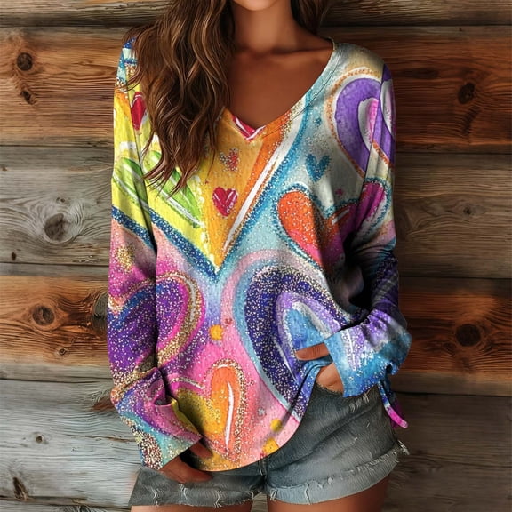Blmnix Pullover Womens Blouse Valentine Love Heart Clothe V-Neck Long Sleeve Womens Shirts Dressy Casual