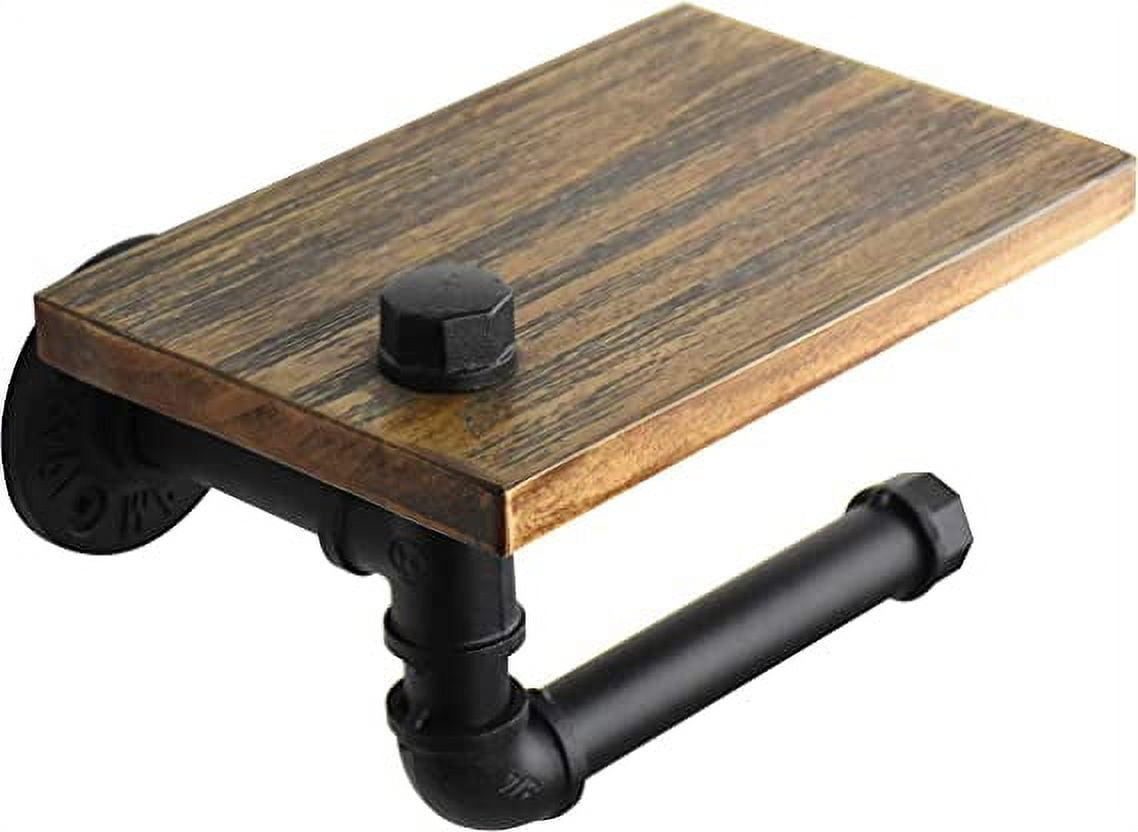 Nvzi Rustic Toilet Paper Holder Pipe with Shelf Industrial Toilet Roll Holder Wall Mount Farmhouse Wooden Toilet Tissue Paper Holder for Bathroom(Black)