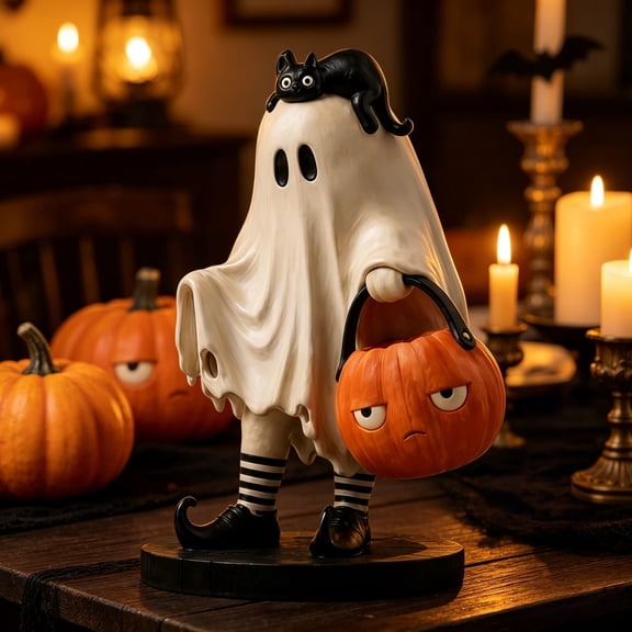 Halloween Decorations Indoor, Resin Ghost Black Cat Pumpkin Statue, 5.9'' Cute Spooky Halloween Tabletop Figurine, Indoor Outdoor Holiday Party Fall Decor Ornament, White, 1 Pack
