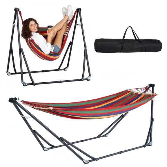 2 in 1 Hammock and Swinging Chair with Collapsible Steel Stand & Carrying Case,Portable & Adjustable,Easy Set Up for Outdoor,Indoor,Porch Swing,Patio,Garden,Camping Trip