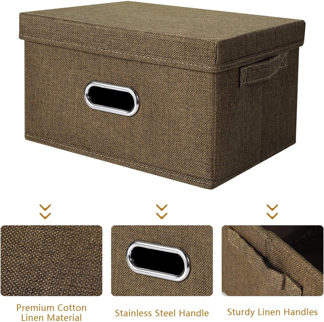 Collapsible Fabric Storage Bin With Handle Lid Foldable Box Linen Large Container Organizer For Home Clothes Storage, Coffee