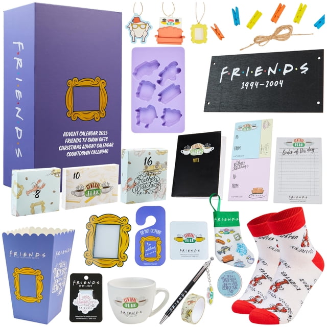 calendario de adviento get trend friends tv show 2025 para adultos caja morada de recuerdo con marco amarillo y cierre de cinta; vista frontal que muestra 24 sorpresas diarias, incluida una taza de espresso blanca con logo estilo Central Perk, calcetines blanco y rojo, imanes, llaveros, notas y libretas de papelería, moldes de silicón y pequeños accesorios dispuestos alrededor sobre fondo blanco; también idóneo para regalar y coleccionar.