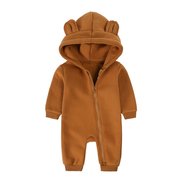 AherBiu Baby Boys Girls Clothes Hooded Rompers Zip up Cotton Jumpsuits Long Sleeve Sweatshirts Onesie Solid Color