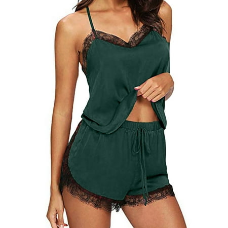 gakvbuo Plus Size Silk Satin Pajamas For Women Sleepwear Sexy Lingerie Split 2 Piece Pajamas Loungewear Set Vest Cami Top Shorts Set Babydoll Lace Up Nightwear