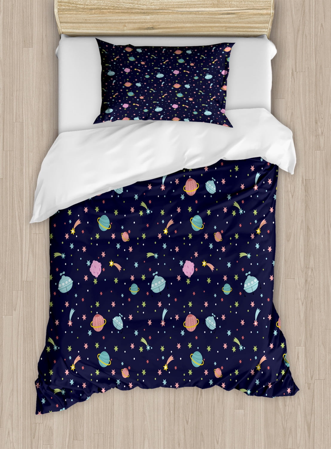 Space Duvet Cover Set Twin Size, Alien with Shooting Stars and