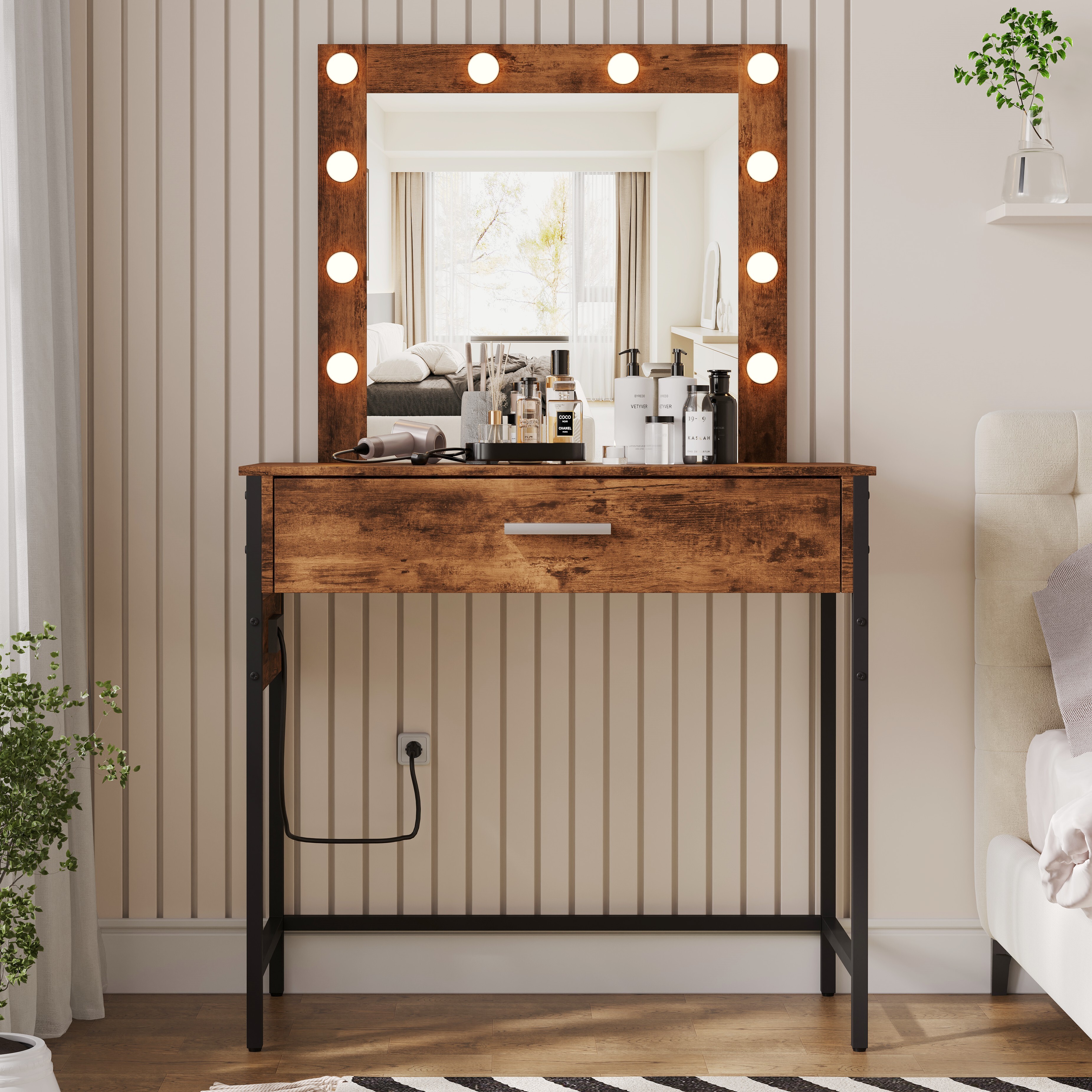 Vanity Table with Lighted Mirror, Makeup Vanity Dressing Table, Bedroom Makeup Desk with